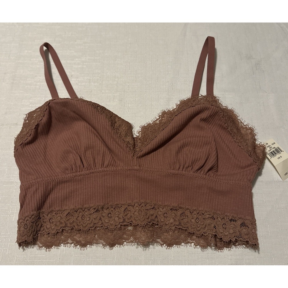 Aerie Bralette Pullover Ribbed‎ Trimmed In Lace Rose/blush color Size S NWT